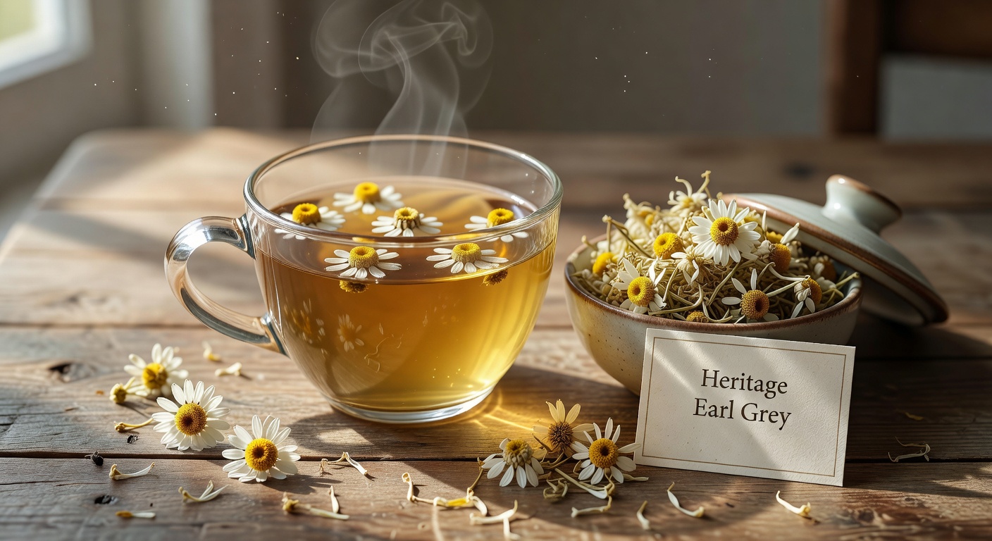 Chamomile herbal tea with dried flowers