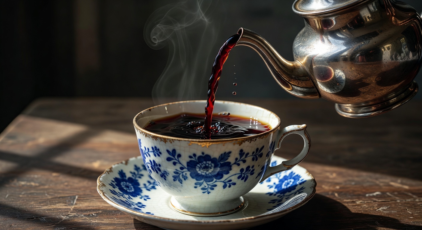 Dark rich black tea being poured into a vintage teacup