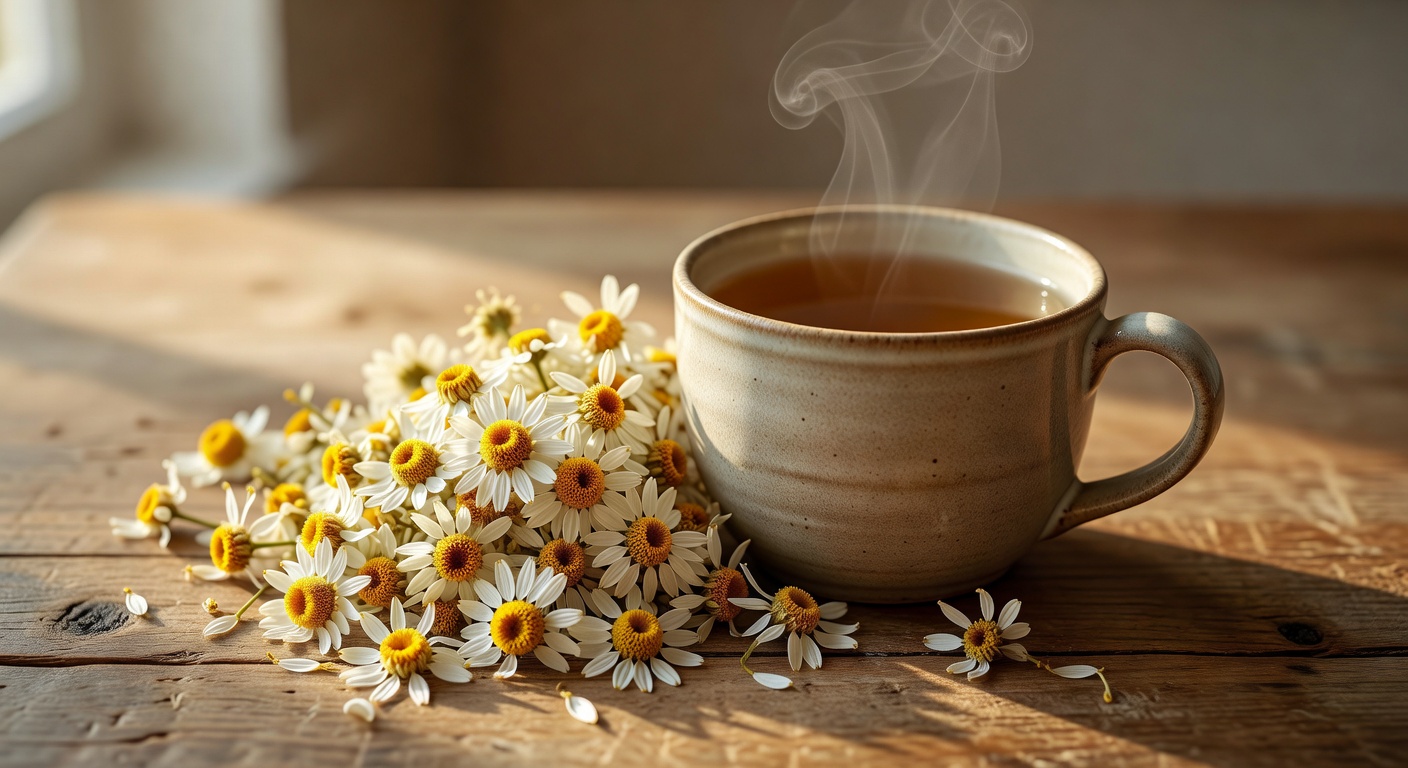 Dried chamomile flowers beside a warm cup of herbal tea