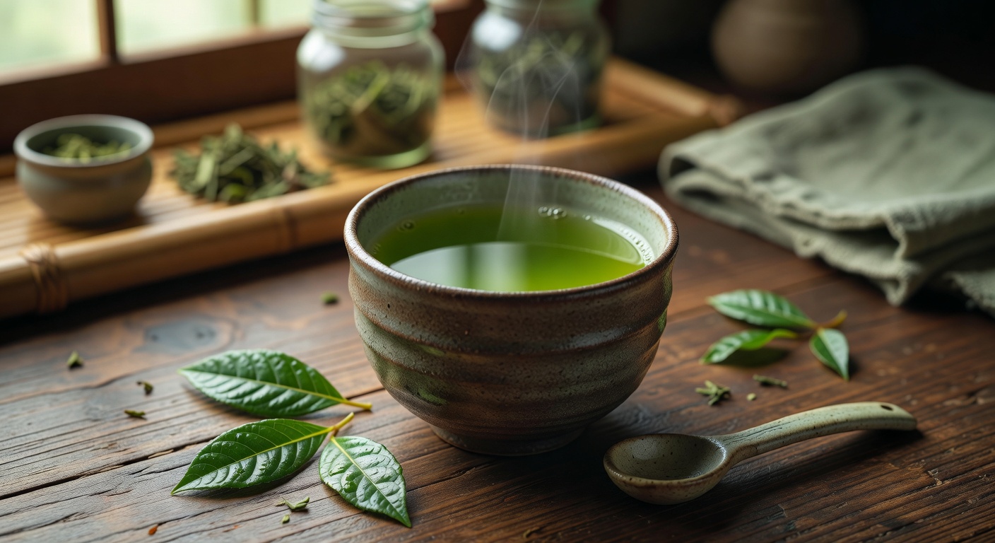 Freshly brewed green tea in a traditional cup