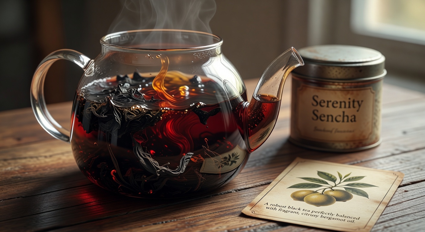 Rich dark black tea leaves steeping