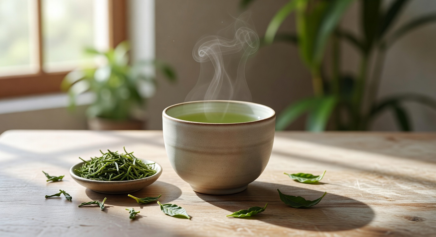 Steaming cup of green tea surrounded by natural light