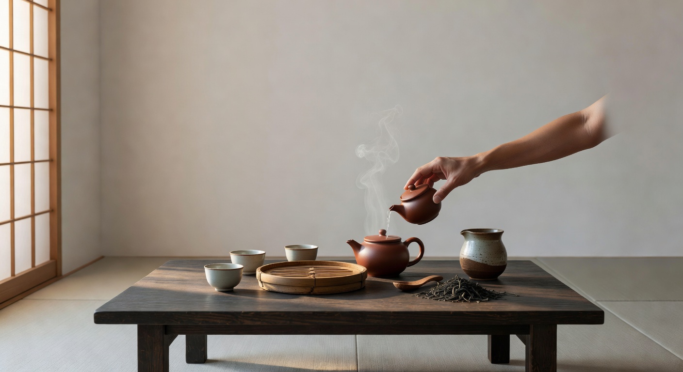 Traditional tea preparation in a calm minimalist space