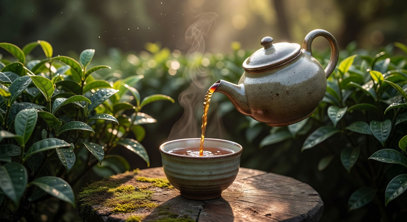 Warm tea pouring into a ceramic cup in a peaceful setting